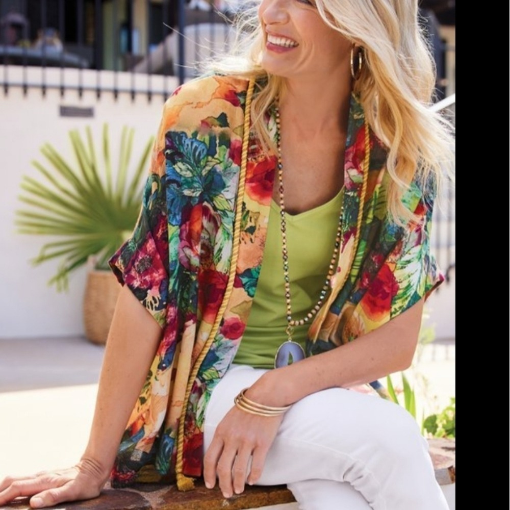 Soft Surroundings Amora Vibrant Watercolor Boho Tassel Topper Kimono PL - Picture 12 of 12